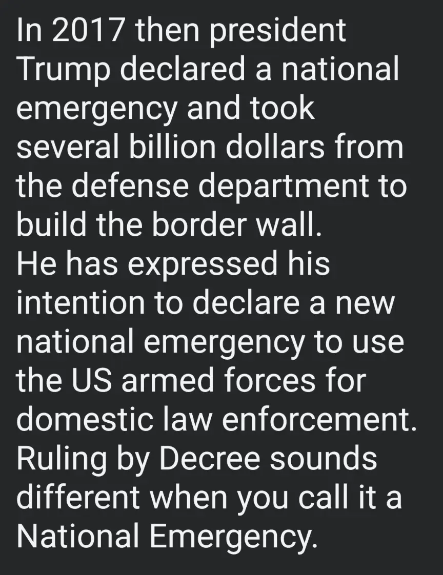 The image is a black background with white text detailing how then-president Trump used a national emergency declaration to…