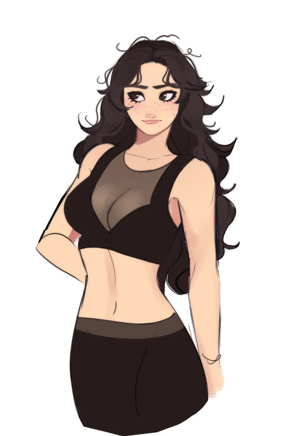 An anime-style illustration of a woman with long dark wavy hair and freckles, wearing a black sports bra and shorts…