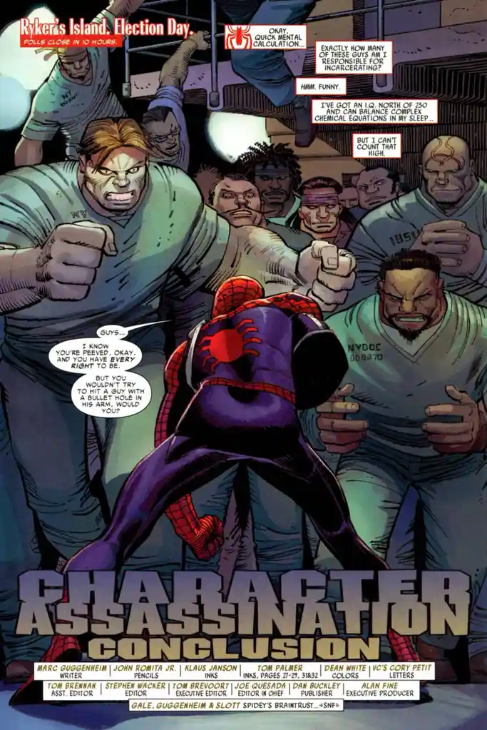 A comic book panel shows Spider-Man in a purple suit facing a crowd of angry inmates at Ryker's Island. The inmates are…