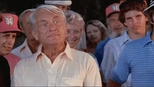 A four-panel meme strip from the movie 'Caddyshack' showing actor Robert Culp's character, the golf course manager…