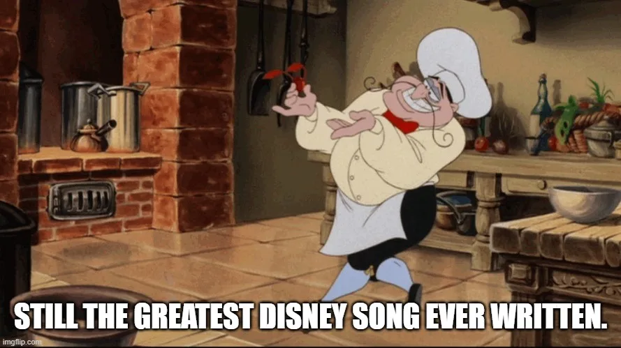 A cartoon chef in a white uniform and tall hat, holding a red pepper, dances joyfully in a kitchen with brick walls and…