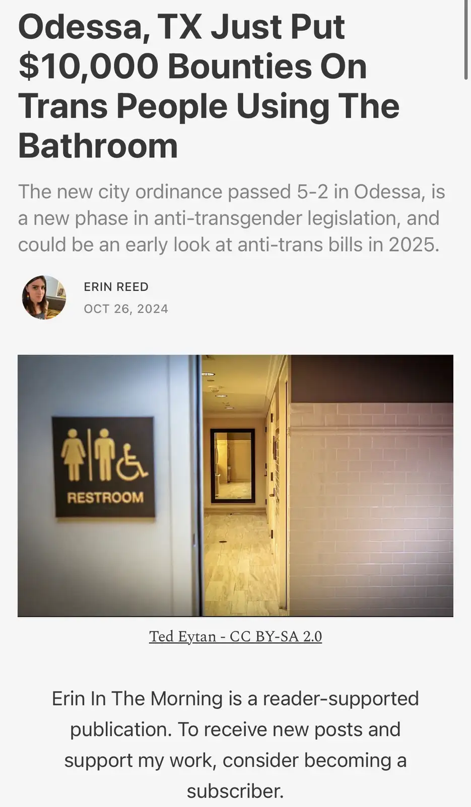 An image of a public restroom door with a sign showing female, male, and wheelchair accessibility symbols. The overlaid text…