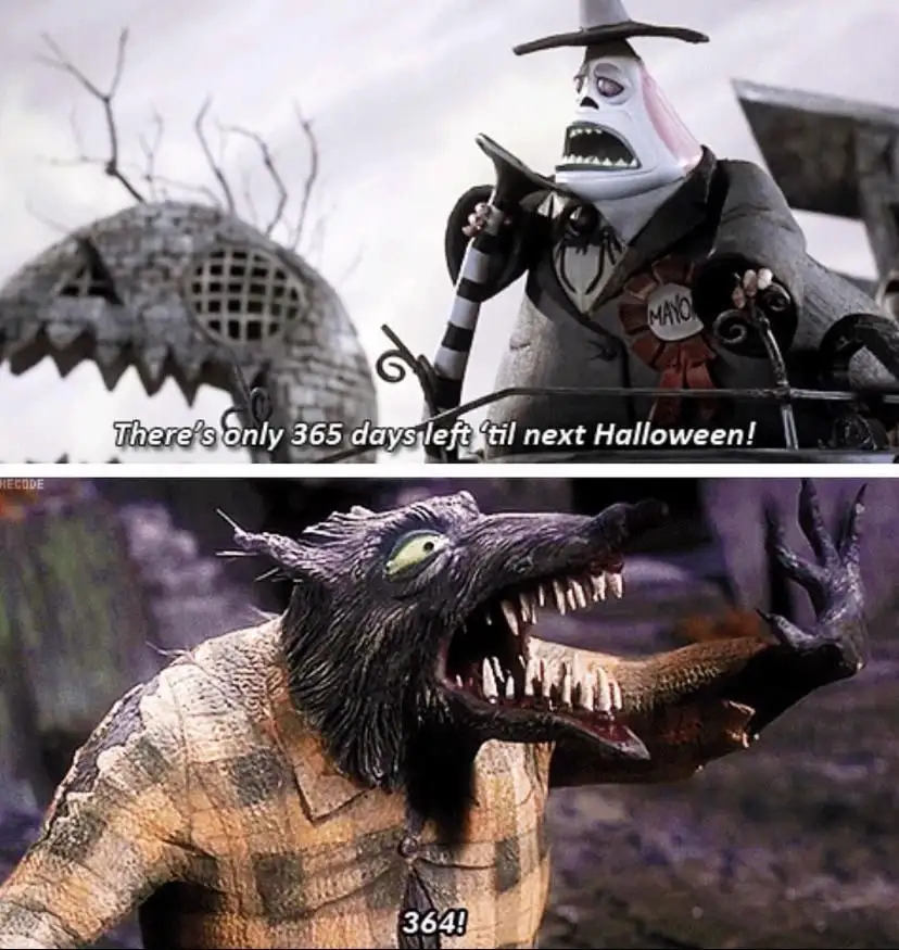 The top panel shows Jack Skellington from 'The Nightmare Before Christmas' in his mayor outfit, holding a cane and speaking…