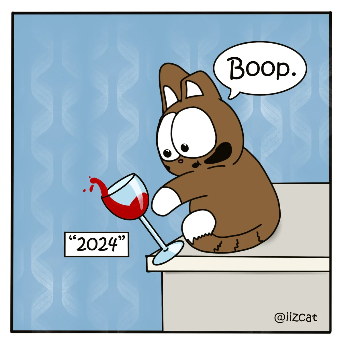 A cartoon brown cat with white paws sits on a ledge, clumsily knocking over a wine glass labeled '2024', spilling red…