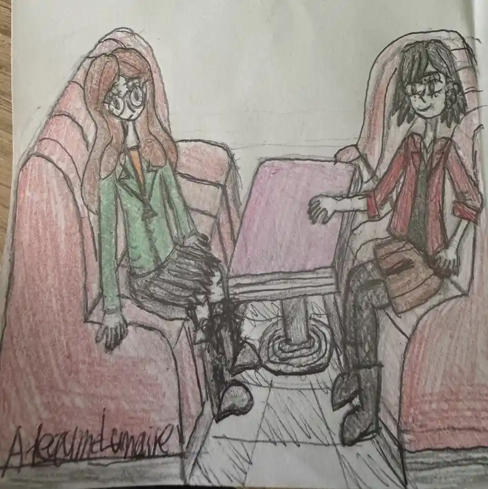 A hand-drawn, colored pencil illustration shows two anime-style girls sitting across from each other at a small table. The…