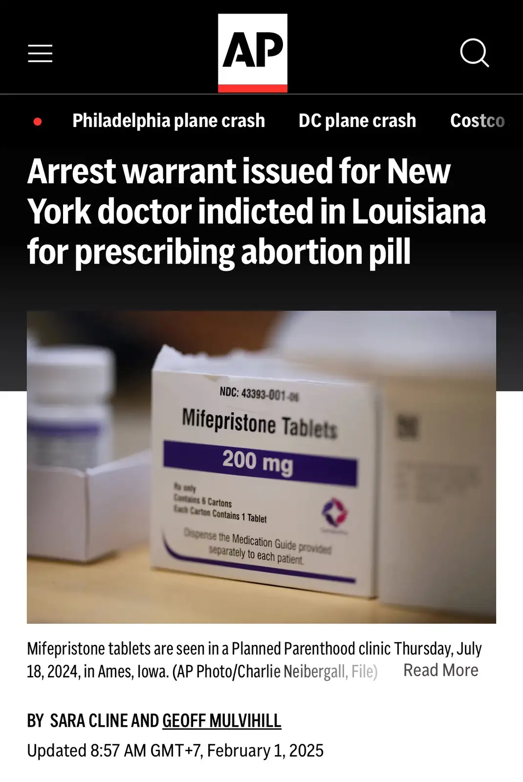 An Associated Press news article screenshot shows a headline about a doctor being indicted for prescribing abortion pills…