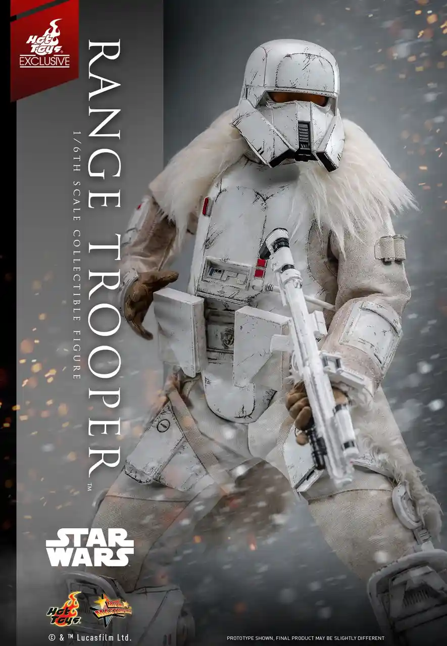 A promotional image for a Hot Toys collectible figure of a Star Wars Range Trooper, shown in detailed white armor with a fur…