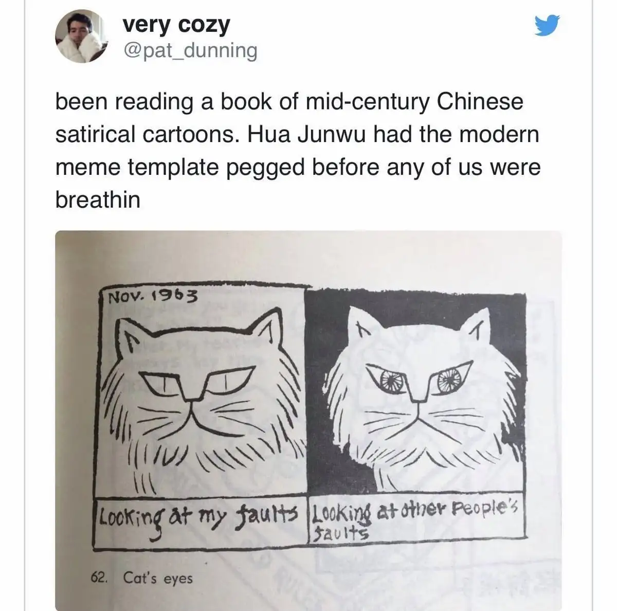 A black-and-white cartoon from November 1963 shows two cats side-by-side. The left cat, in a light background, has a neutral…