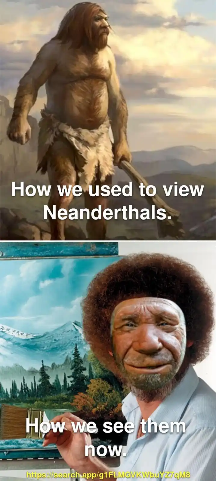 The top panel shows a muscular, hairy Neanderthal man holding a club against a mountainous backdrop, with text reading 'How…