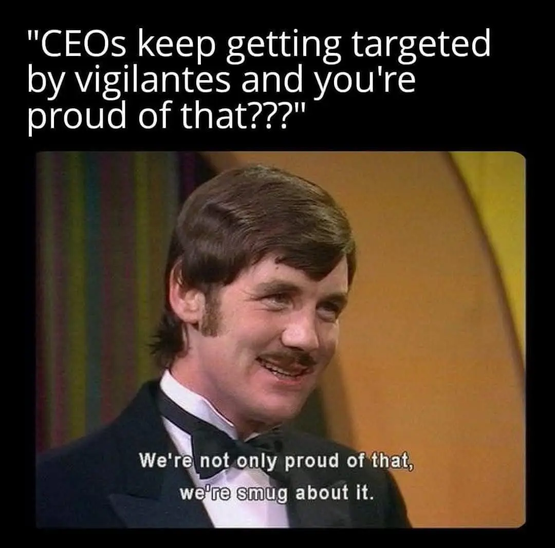 A man in a tuxedo with a mustache smiles smugly while overlaid text reads: "CEOs keep getting targeted by vigilantes and…