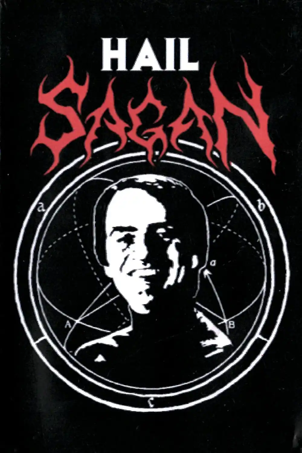 A black background features a white silhouette of Carl Sagan's face inside a circular diagram with labeled points and lines…