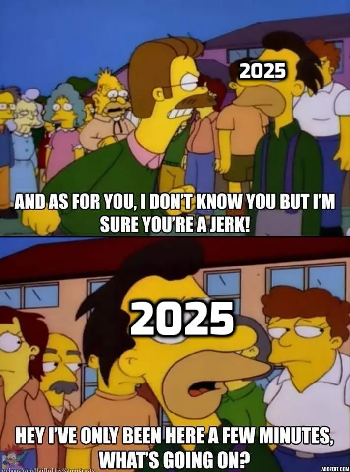 The meme features two panels from The Simpsons. In the top panel, a man labeled '2025' angrily shouts at another man, saying…