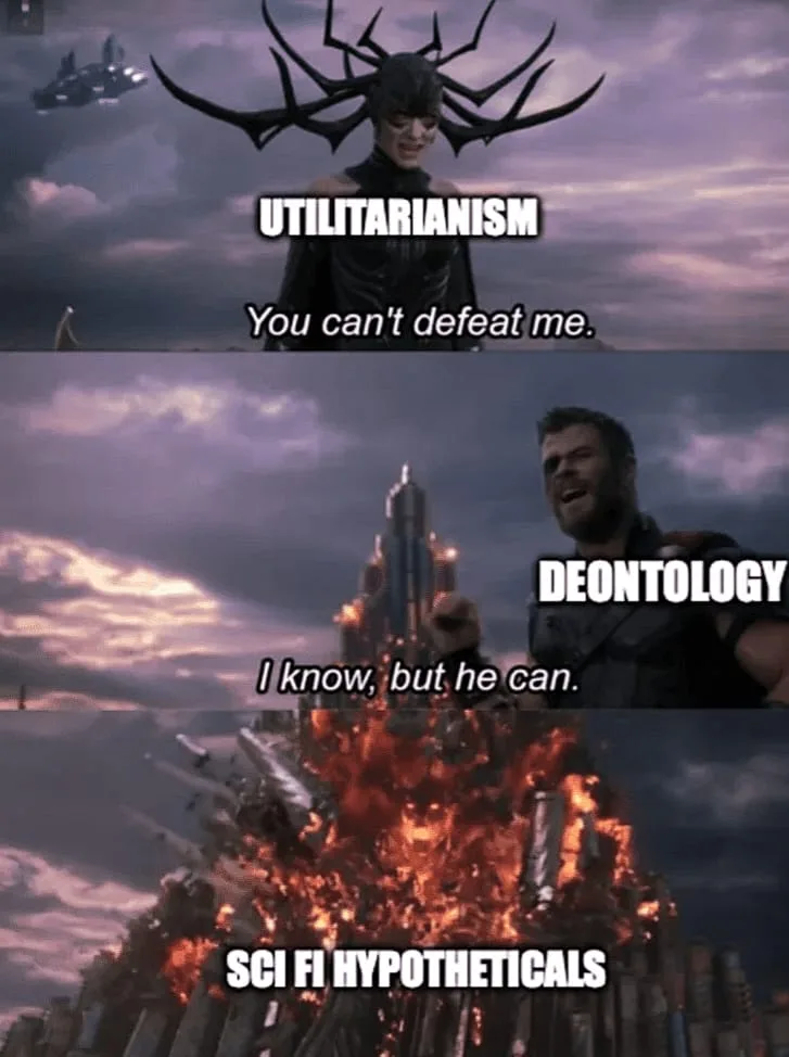 A three-panel meme using scenes from Thor: Ragnarok. The top panel shows Hela with text 'UTILITARIANISM' and 'You can't…