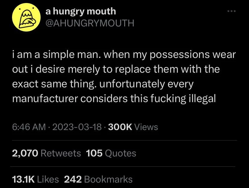 The image is a screenshot of a tweet from the account 'a hungry mouth' (@AHUNGRYMOUTH) with a yellow circular profile…