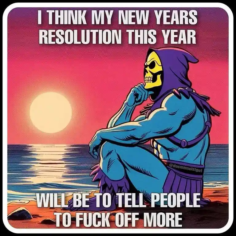 A cartoonish skeletal figure with a purple hood and blue body sits contemplatively on a beach at sunset, hand on chin, as…