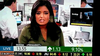 A six-panel image sequence from a financial news broadcast showing a female anchor reacting with increasing shock as a…