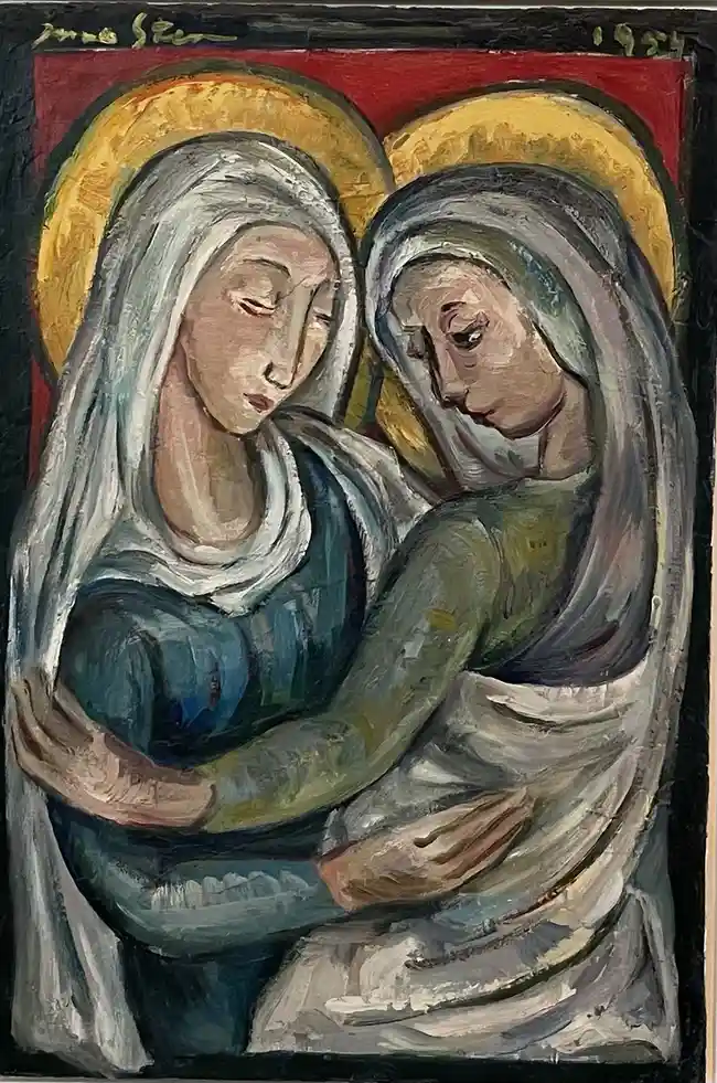 A painting by Anne Stein from 1954 depicts two women in religious-style robes with halos, embracing each other in a…