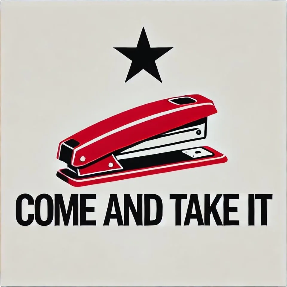 A red stapler is centered on a light gray background, with a black star above it and the bold text 'COME AND TAKE IT' below…