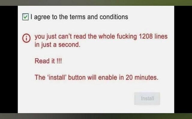 A screenshot of a software installation screen with a checkbox for agreeing to terms and conditions. The text humorously…
