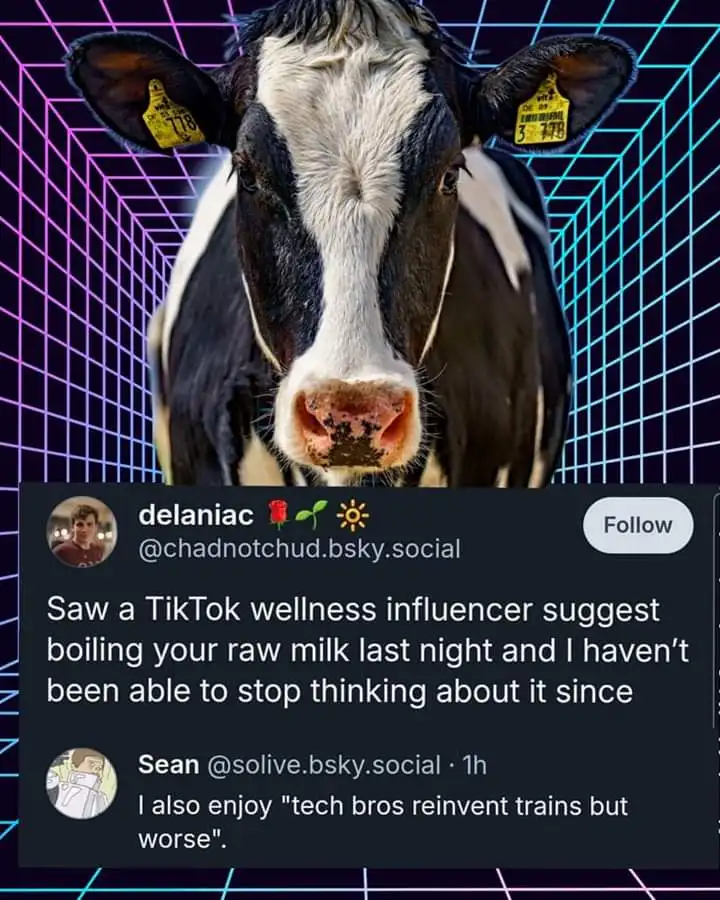A close-up photo of a black-and-white cow with yellow ear tags set against a neon grid background. Overlaid is a screenshot…