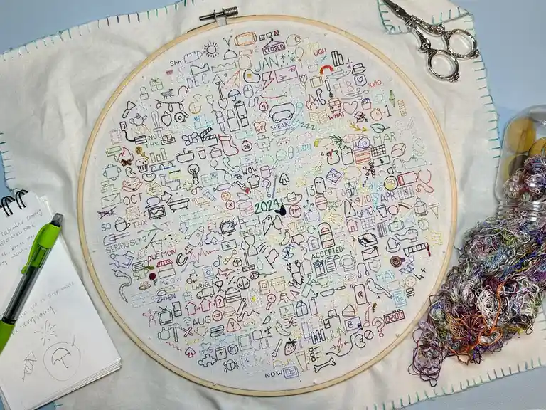 A colorful embroidery hoop displays a dense, hand-stitched calendar for 2024, with each month labeled and filled with tiny…