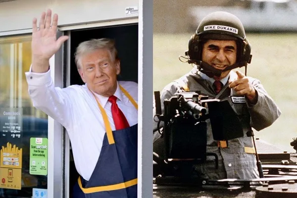 The image is split: on the left, Donald Trump waves from a drive-thru window wearing a McDonald's apron with a 'Come back…