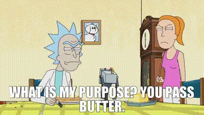 A Rick and Morty comic strip shows Rick Sanchez repeatedly asking 'WHAT IS MY PURPOSE? YOU PASS BUTTER.' while sitting at a…