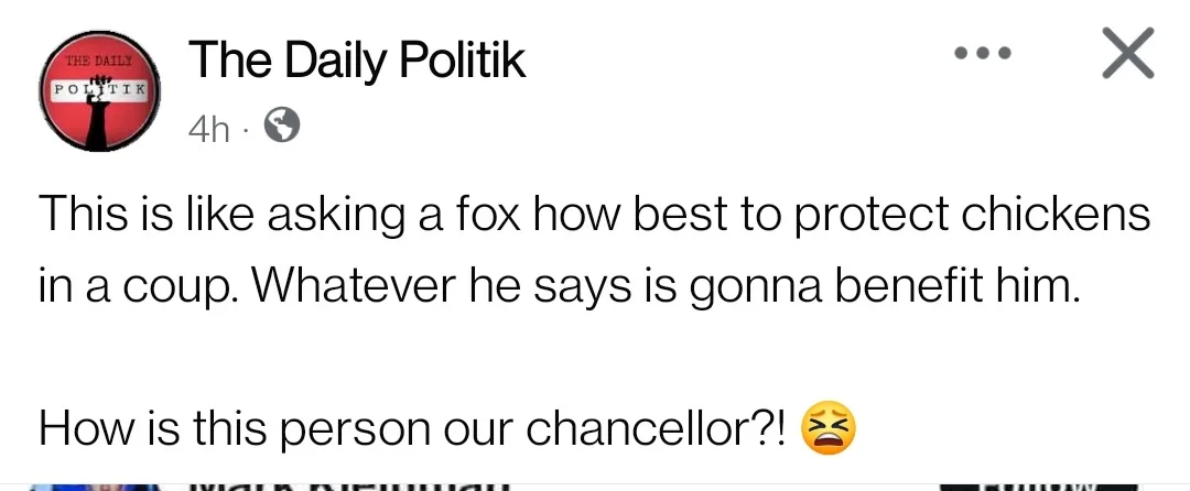 A screenshot of a social media post from 'The Daily Politik' showing a comment that reads: 'This is like asking a fox how…
