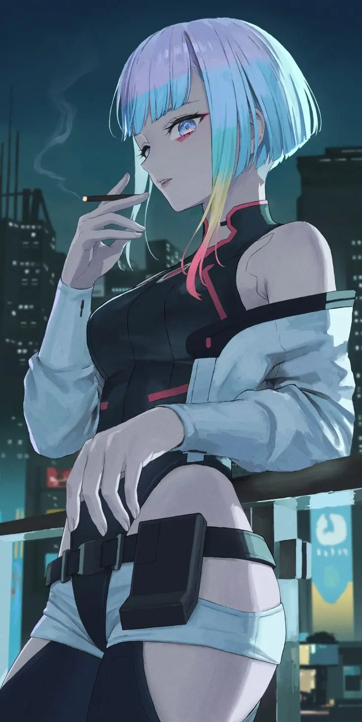 An anime-style illustration of a young woman with short, multi-colored hair (blue, purple, yellow) and striking blue eyes…