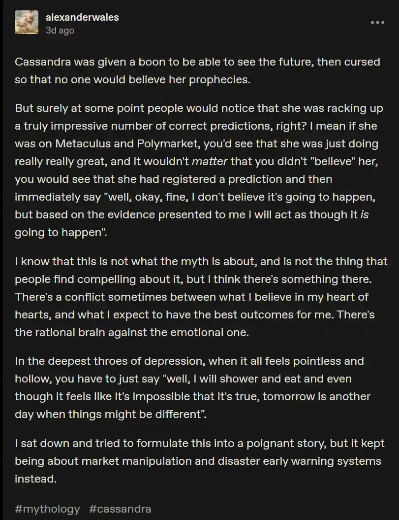 A screenshot of a Reddit post by user 'alexanderwales' with a long text paragraph discussing the myth of Cassandra, her…