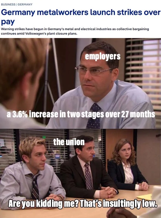 The image is a two-panel meme using scenes from 'The Office'. The top panel shows a man labeled 'employers' looking…