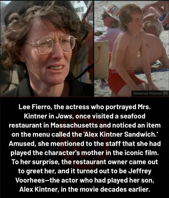 The image is a split-screen showing actress Lee Fierro (left, wearing glasses) and actor Jeffrey Voorhees as a young boy…