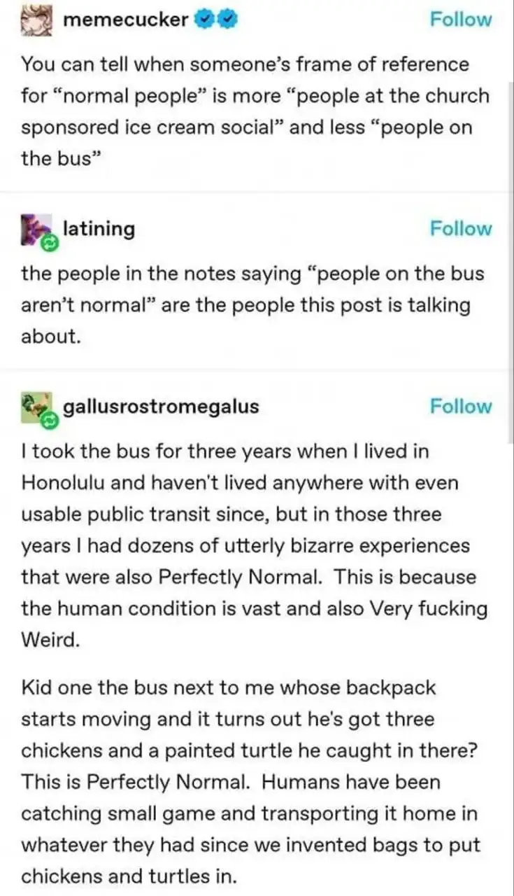 A screenshot of a social media thread where the original poster comments on how some people define 'normal' as church ice…