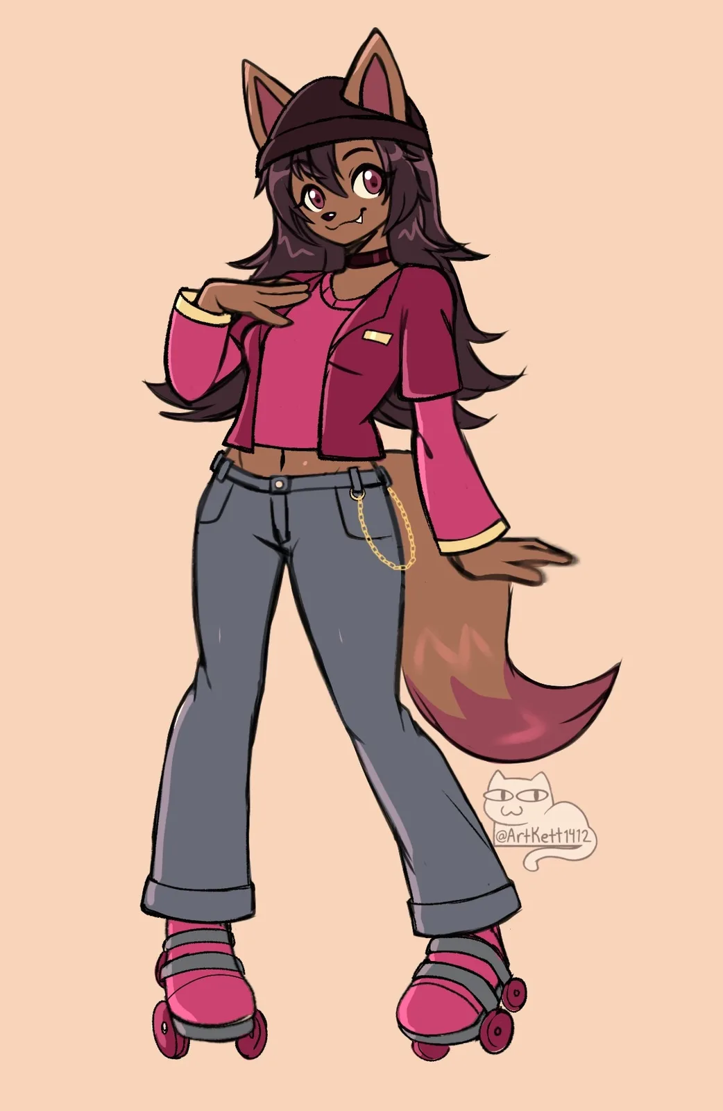 An anthropomorphic fox character with dark fur, cat-like ears, and a bushy tail poses confidently in a pink cropped jacket…