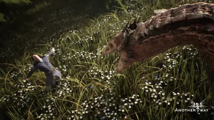 A video game screenshot shows a character in a blue patterned outfit running away from a large, scaly, dragon-like creature…