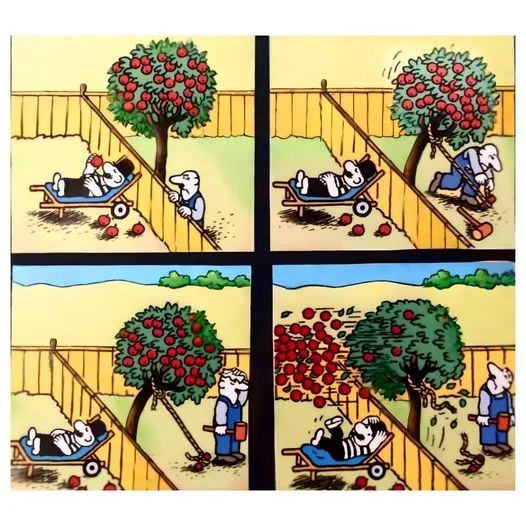 A four-panel comic strip shows a man relaxing on a wheeled lounge chair under an apple tree while another man first uses a…