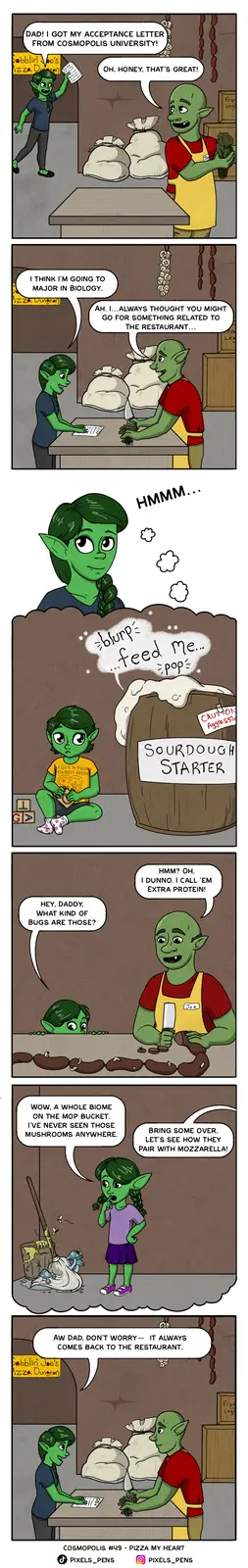 A comic strip featuring green-skinned goblin characters in a pizza restaurant. A young goblin girl excitedly shows her…
