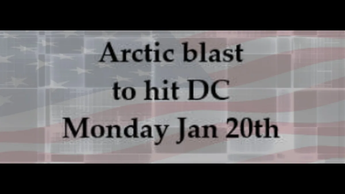 The image displays a weather alert graphic with bold black text announcing an 'Arctic blast to hit DC Monday Jan 20th'…