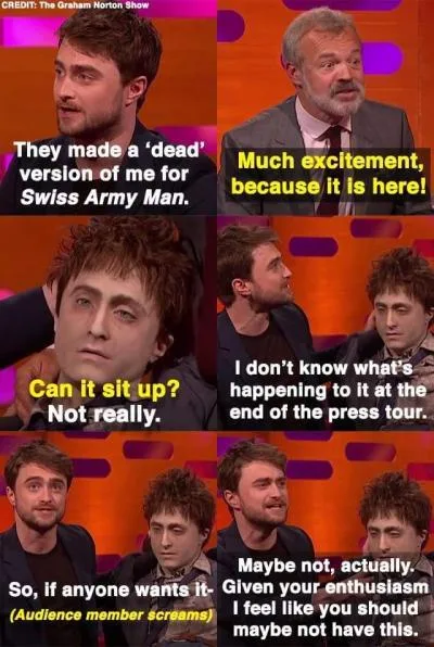 A six-panel meme from The Graham Norton Show featuring Daniel Radcliffe reacting to a 'dead' version of himself from the…