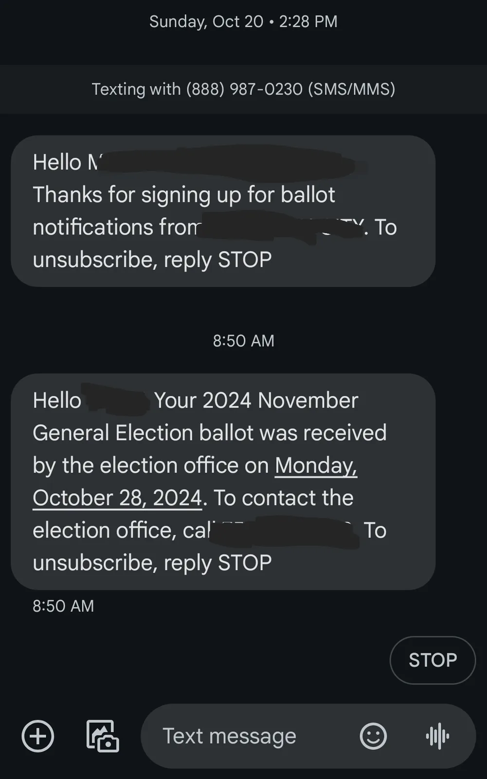 A screenshot of a smartphone text messaging app showing two messages from an election office. The first message thanks the…