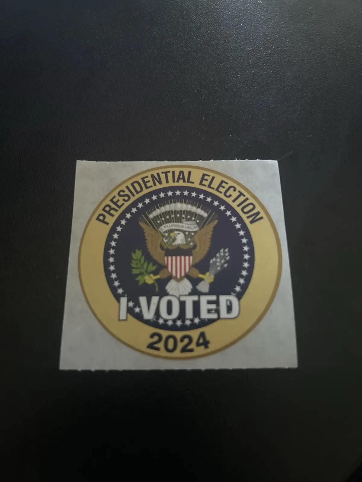 A close-up photo shows a circular 'I VOTED 2024' sticker with the Presidential Election seal, featuring an eagle, shield…