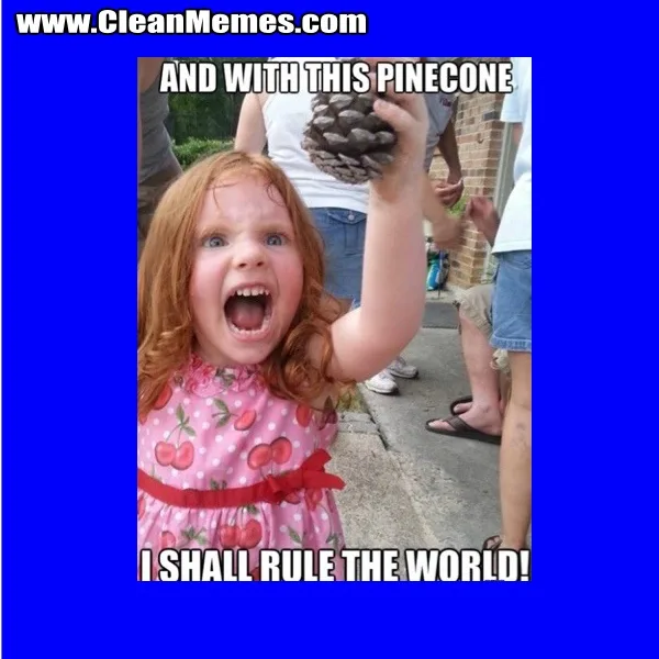 A young girl with red hair and a pink cherry-patterned dress is holding up a pinecone with an exaggerated, triumphant…