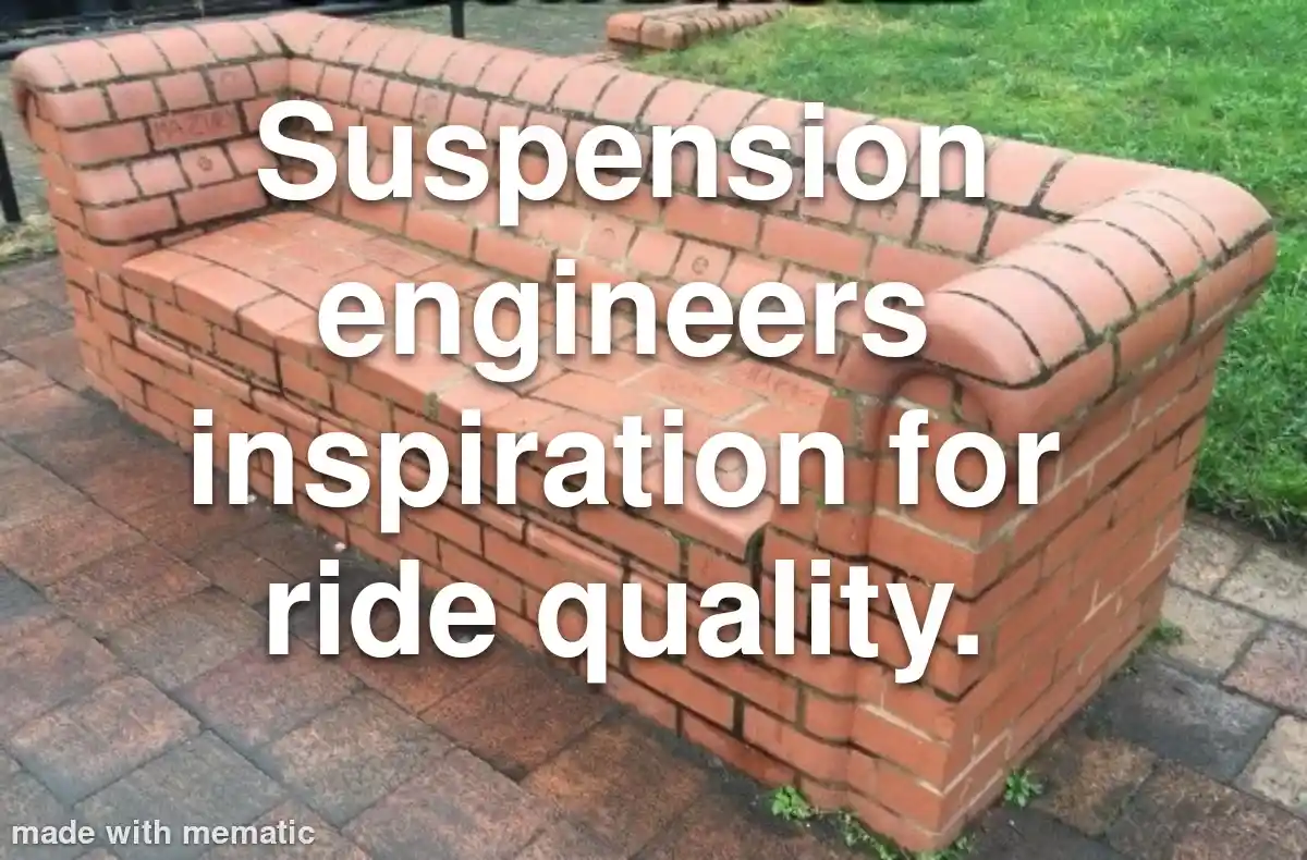 A rigid, uncomfortable-looking brick bench is shown outdoors on a paved area with grass nearby. Large white text overlaid on…
