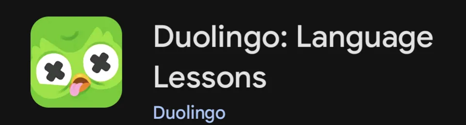 The image shows the app store listing for Duolingo, featuring its green owl mascot with X's for eyes and its tongue sticking…
