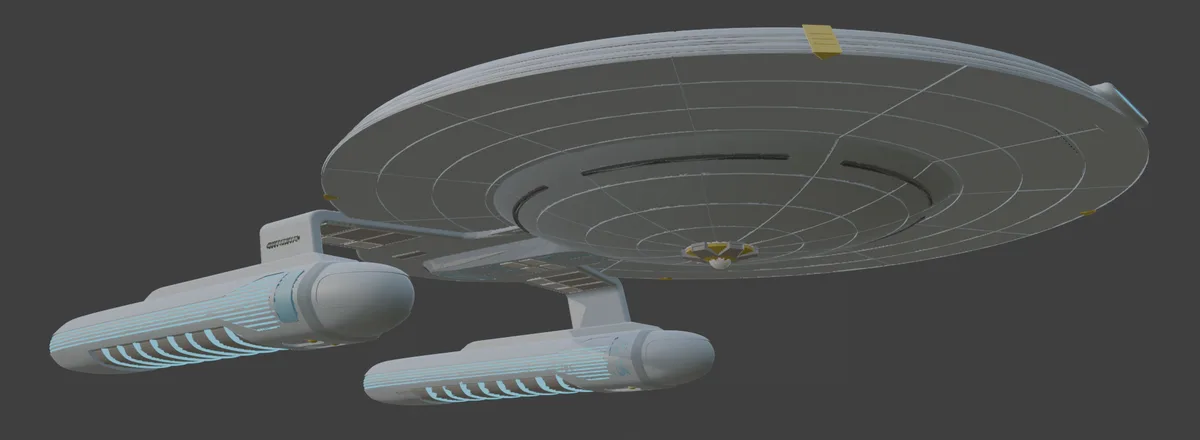 a 3d model of a starship resembling the star trek enterprise, shown with a wireframe grid overlay and yellow sticky notes…