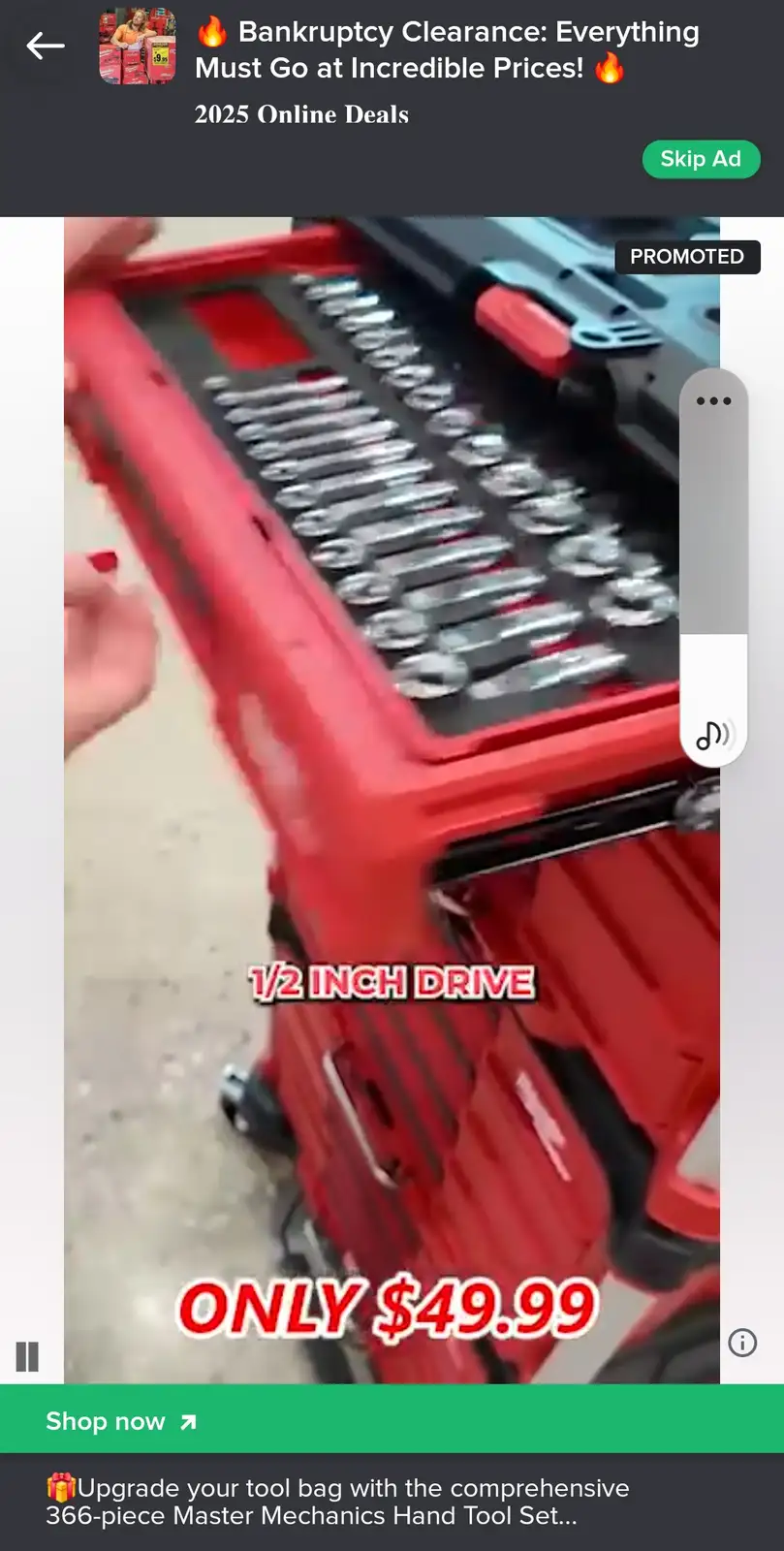 A promotional video ad for a tool set shows a red toolbox with wrenches and sockets, overlaid with text claiming it's a '1/2…