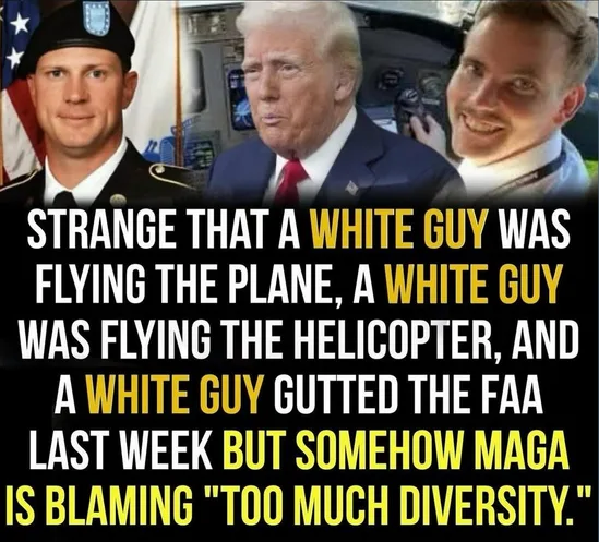 The image displays three men: a uniformed officer on the left, Donald Trump in the center, and a smiling pilot on the right…