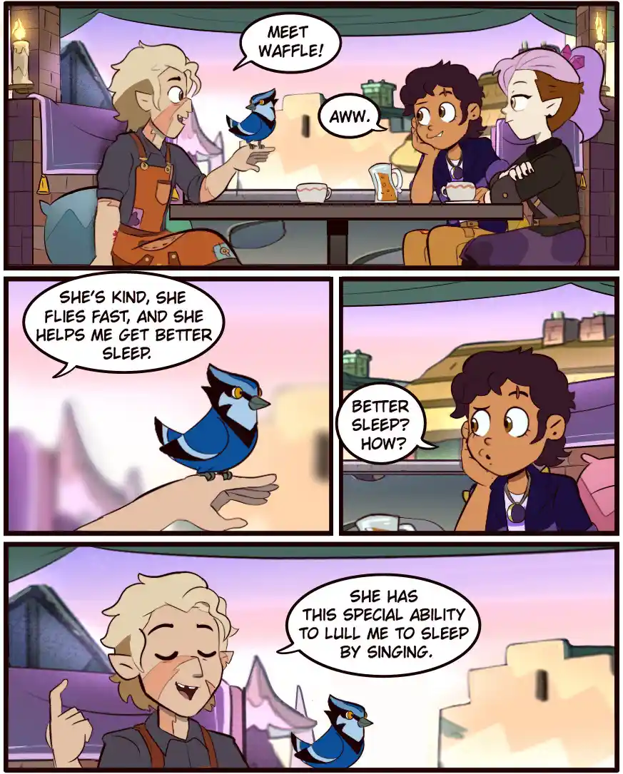 A comic strip from 'The Owl House' shows a character introducing a blue jay named Waffle to two friends. The character…