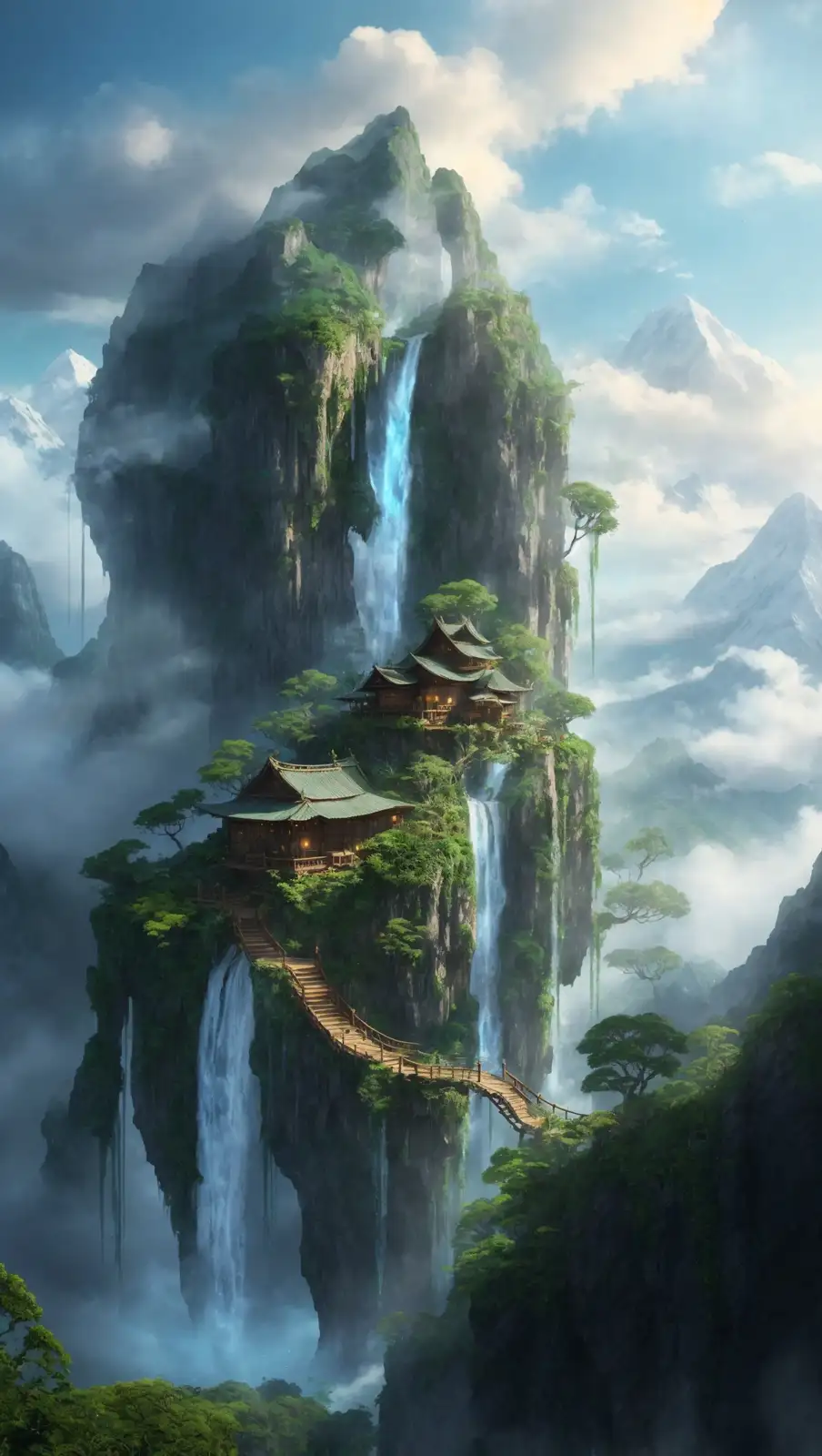 A breathtaking fantasy landscape shows traditional wooden buildings perched on a sheer cliffside, connected by a winding…