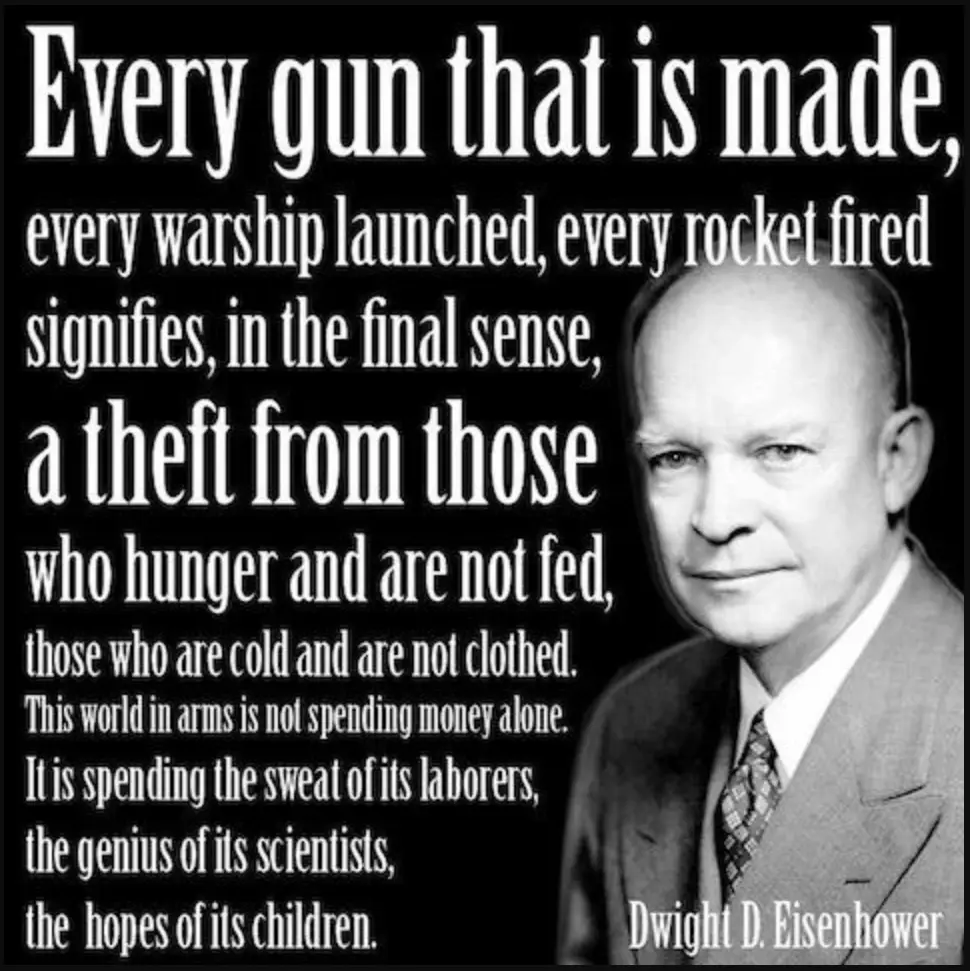 A black-and-white portrait of Dwight D. Eisenhower with a large block of white text overlaid on the left side, quoting him…